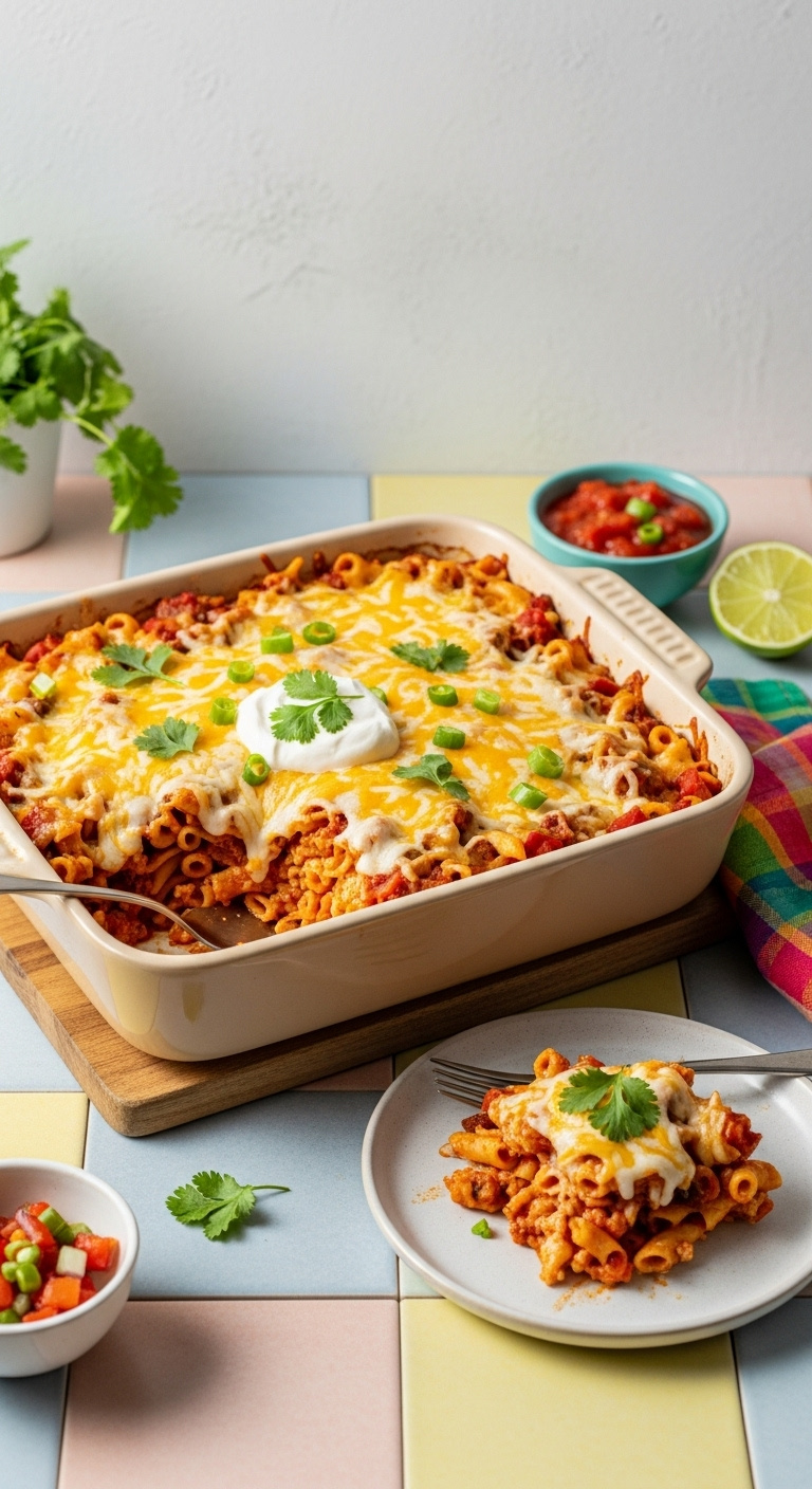 Hyperrealistic Cheesy Taco Pasta Bake Casserole With Melted Cheese Sour Cream Cilantro Salsa And Lime On A Tiled Surface