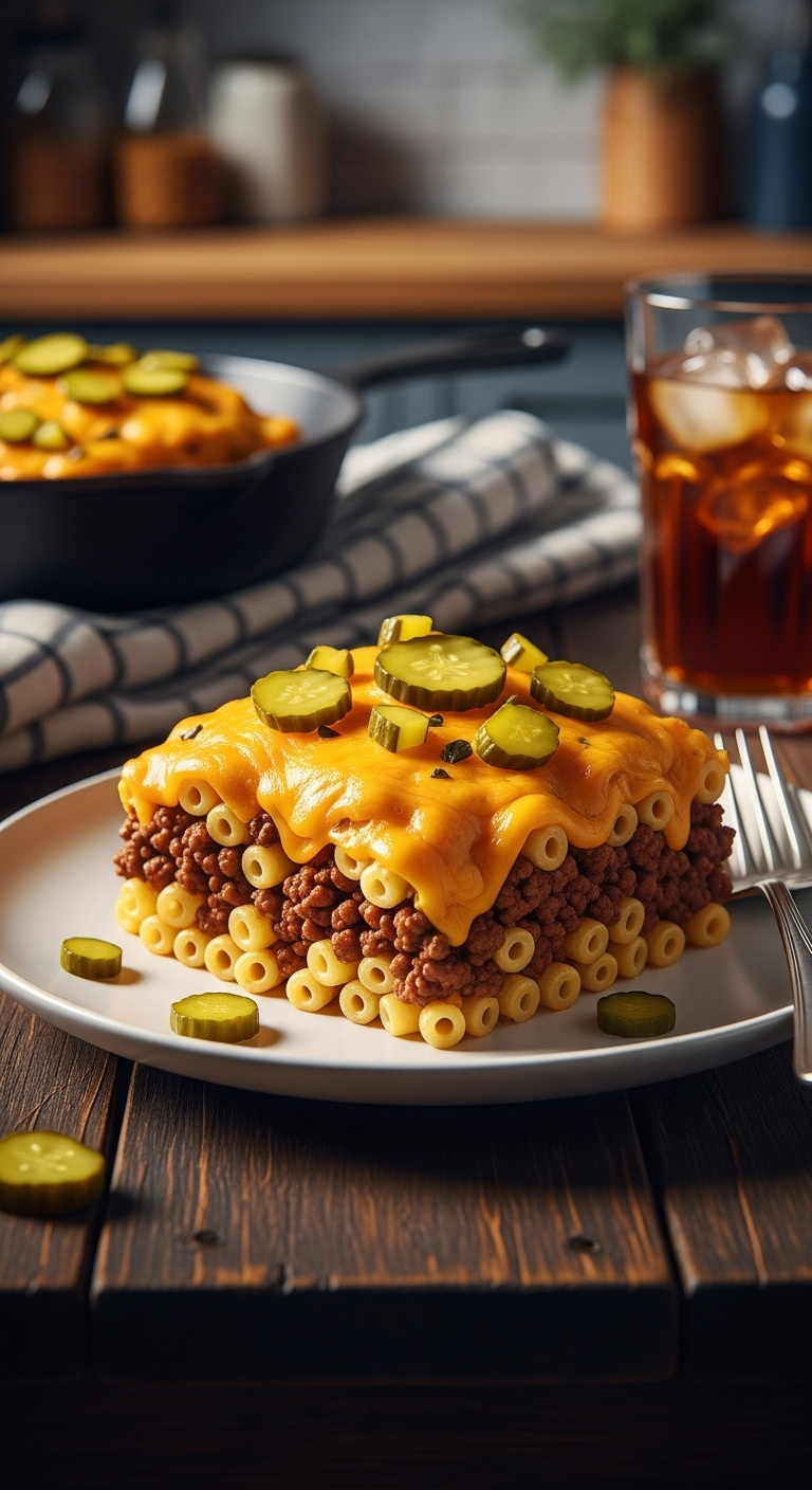 Hyperrealistic Classic Cheeseburger Casserole Scoop With Macaroni Ground Beef Melted Cheddar Cheese Pickles Cast Iron Skillet Napkin Iced Tea