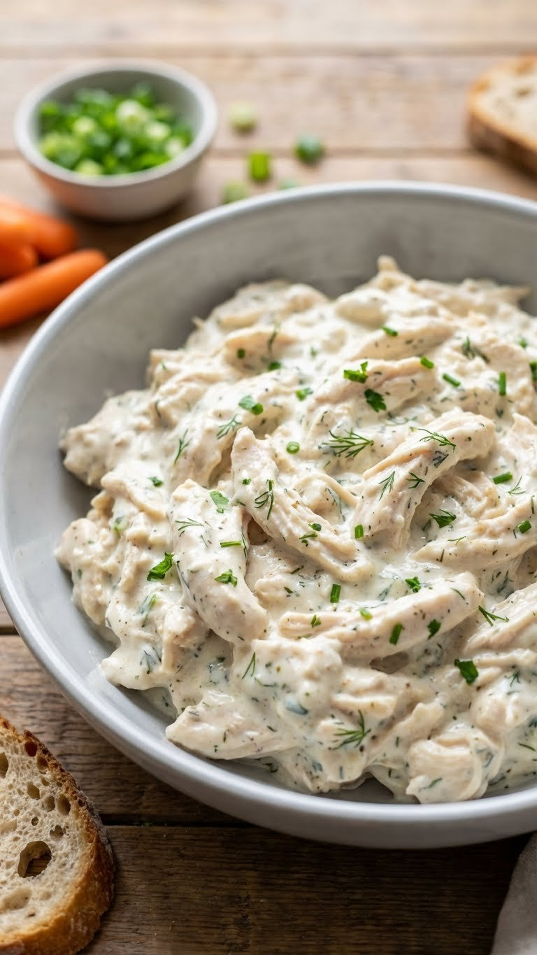 Hyperrealistic Creamy Instant Pot Ranch Shredded Chicken With Herbs, Chives, Baby Carrots, And Crackers On A Light Ceramic Dish.