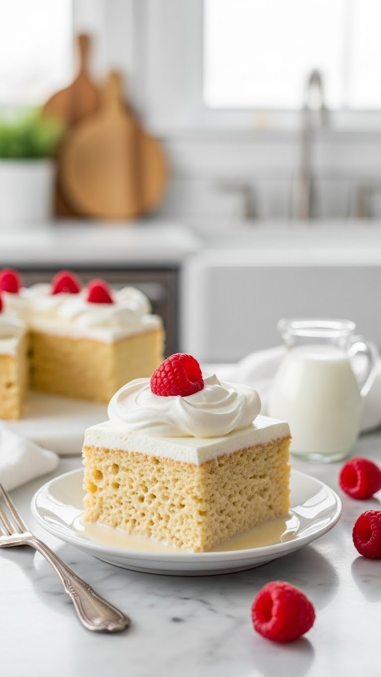 Hyperrealistic Cubed Tres Leches Cake Slice With Whipped Cream, Fresh Raspberries, And Milk, On A White Plate, Marble Counter.