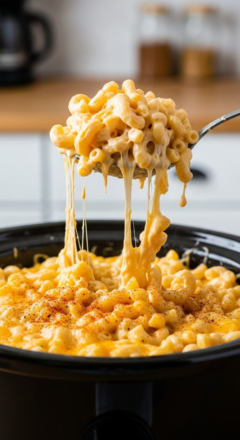 Hyperrealistic Easiest Crockpot Mac And Cheese With A Cheese Pull Being Served From A Slow Cooker For Weeknight Meals