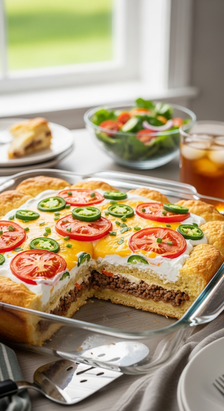 Hyperrealistic Easy John Wayne Casserole Slice Showing Biscuit Beef Sour Cream Cheese Tomato And Jalapeños With Salad Iced Tea