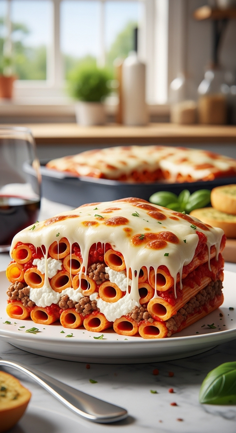Hyperrealistic Easy Baked Ziti With Ground Beef Slice Showing Pasta Red Sauce Ricotta Mozzarella Red Wine Garlic Bread And Basil
