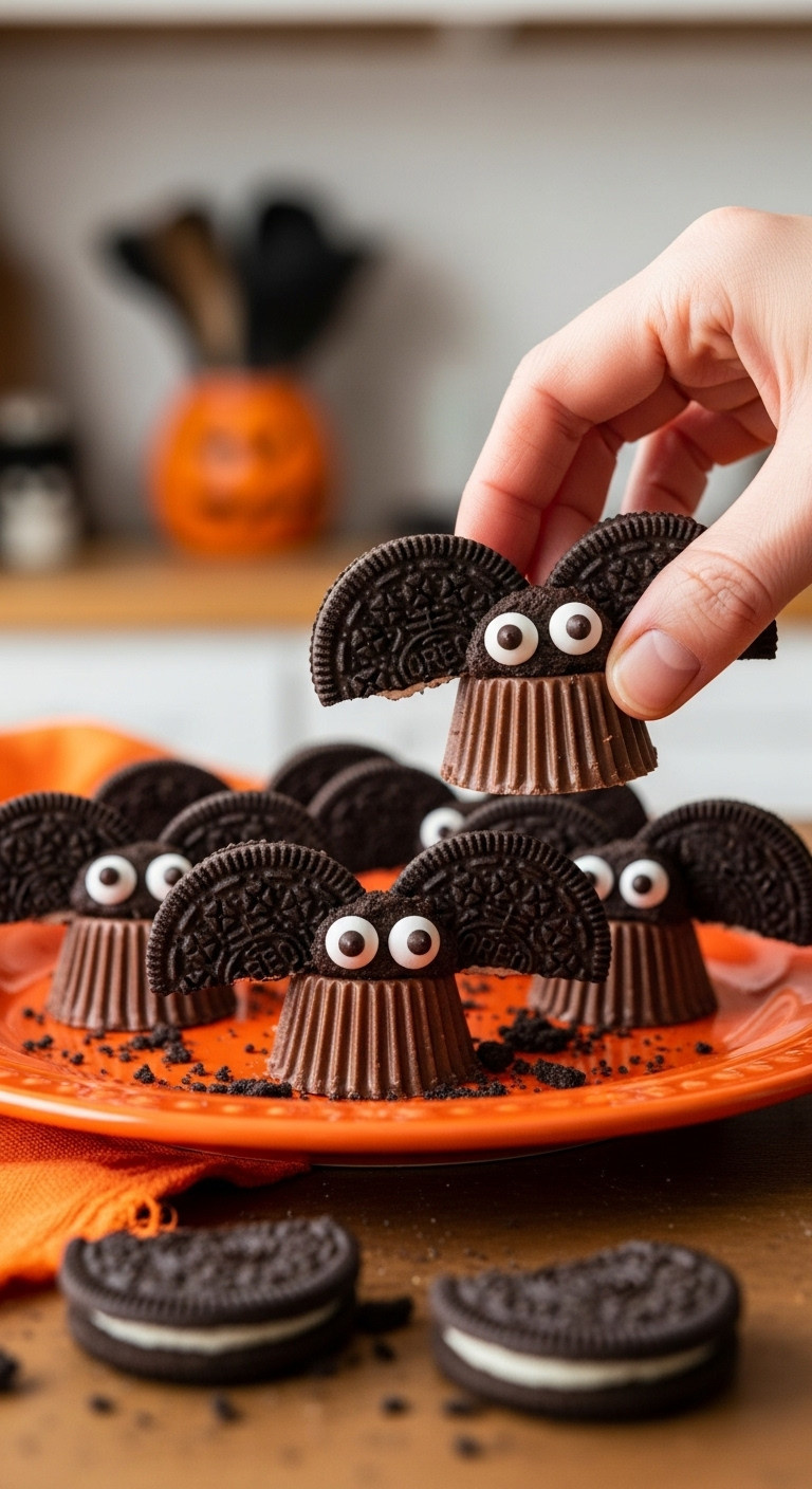 Hyperrealistic Finished Halloween Bat Treat With Oreo Wings And Candy Eyes Being Placed On Orange Ceramic Plate