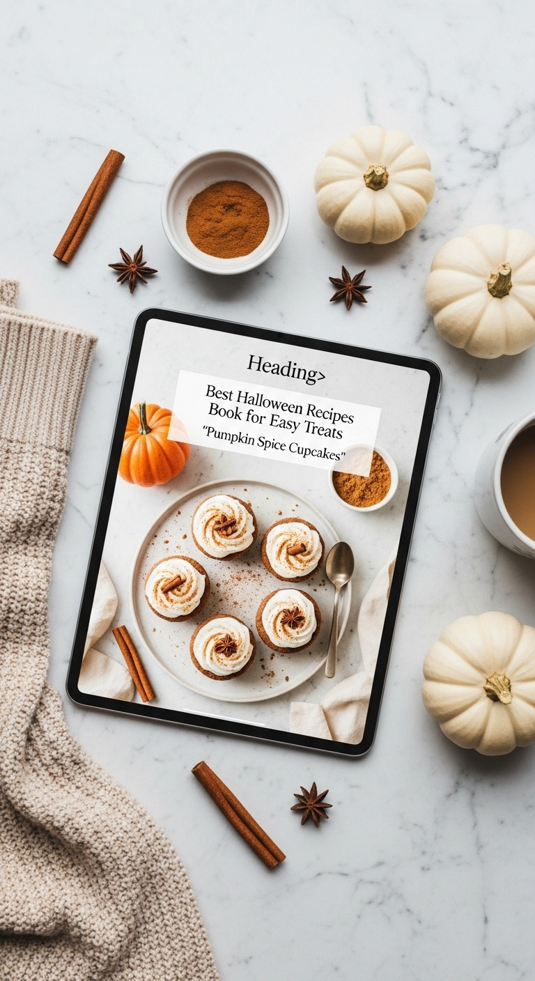 Hyperrealistic Flat Lay Of Ipad Displaying Digital Halloween Recipe Page For Pumpkin Spice Cupcakes With Cinnamon And Mini Pumpkin On Marble Countertop