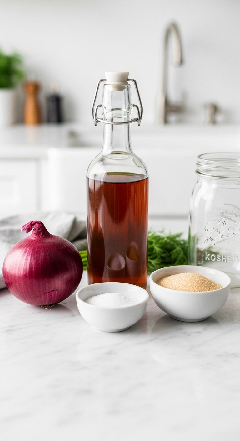 Hyperrealistic Flat Lay Of Pickled Red Onion Ingredients Including Whole Red Onion Apple Cider Vinegar Salt And Sugar On Marble Countertop With Mason Jar