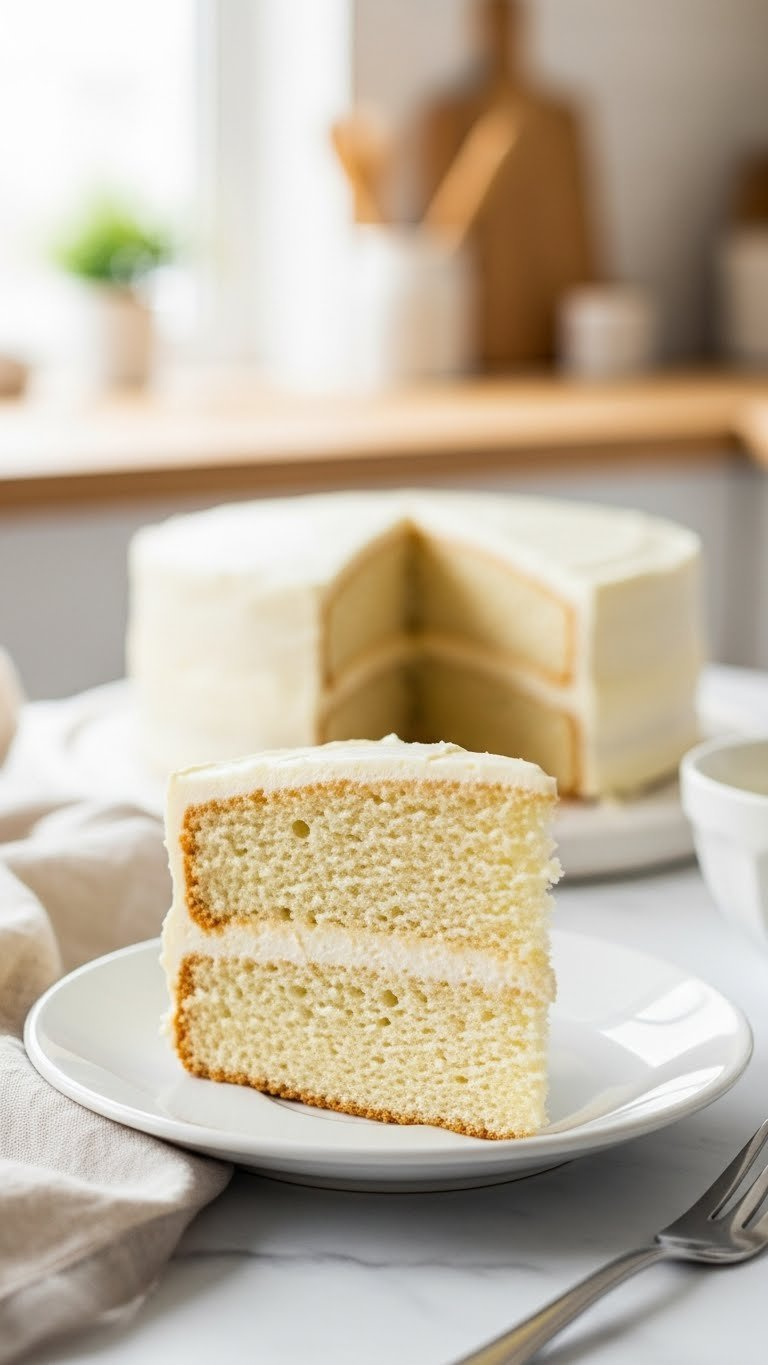 Hyperrealistic Fluffy Vanilla Layer Cake Slice On White Plate, Showing Porous Crumb, Ideal Egg Substitute Lift, Fork, Cozy Natural Light.