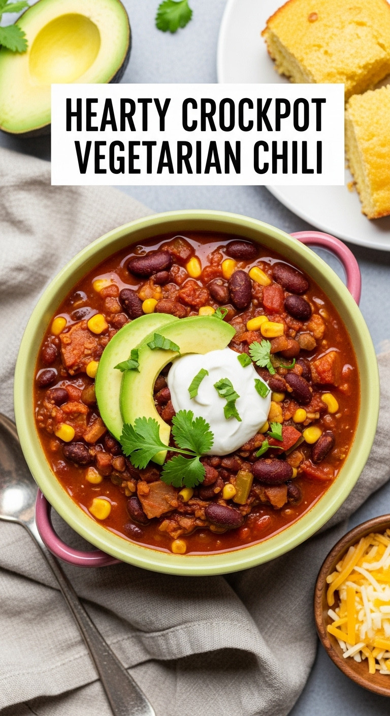 Hyperrealistic Hearty Crockpot Vegetarian Chili Topped With Avocado Sour Cream And Cilantro With Cornbread For Weeknight Meals