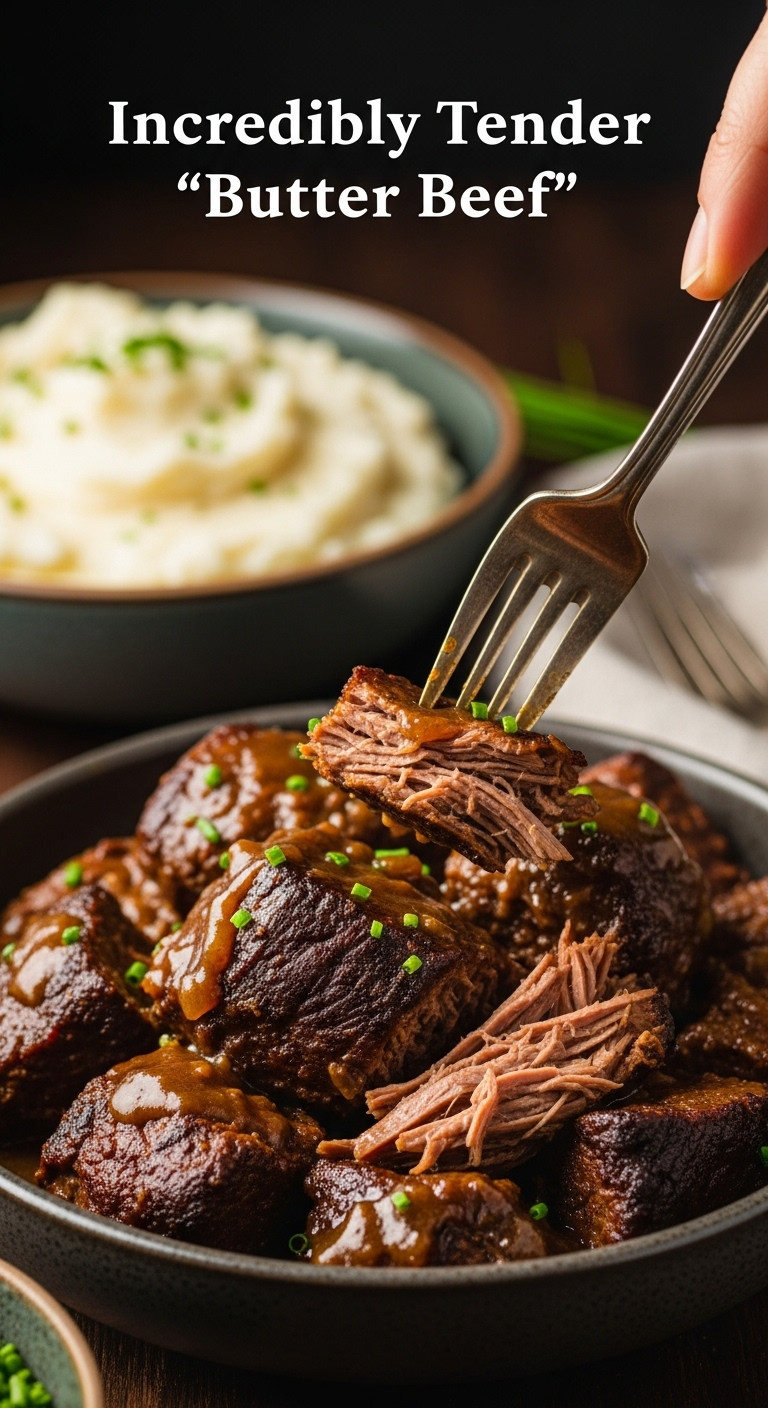 Hyperrealistic Incredibly Tender Butter Beef In Gravy With Chives And Mashed Potatoes For Effortless Weeknight Meals