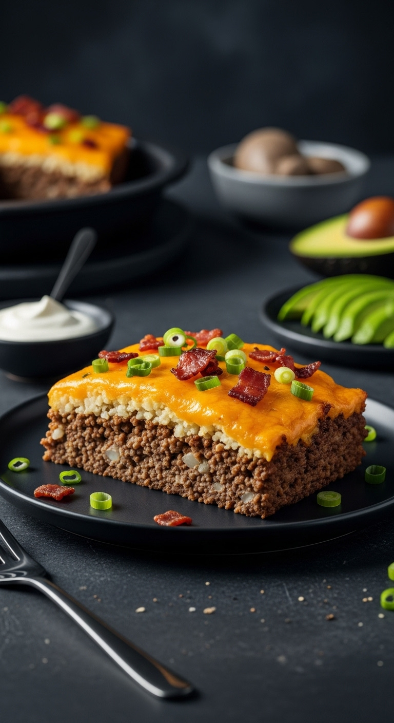 Hyperrealistic Keto Hamburger Casserole Slice With Ground Beef Melted Cheese Cauliflower Rice Bacon Scallions Sour Cream And Avocado On A Slate Plate