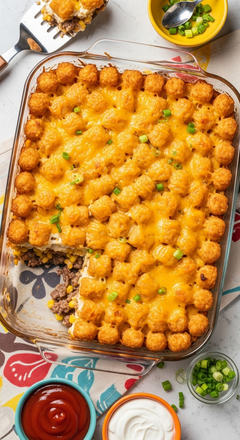 Hyperrealistic Kid-Friendly Tater Tot Casserole With Golden Crispy Tots Melted Cheese Creamy Beef Corn Filling Ketchup Sour Cream Green Onions