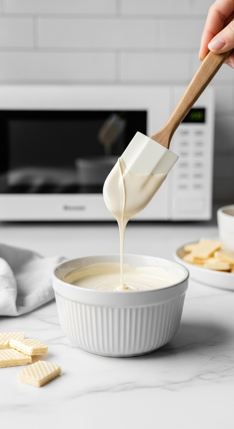 Hyperrealistic Melted White Chocolate In Ceramic Bowl With Silicone Spatula On White Marble Countertop