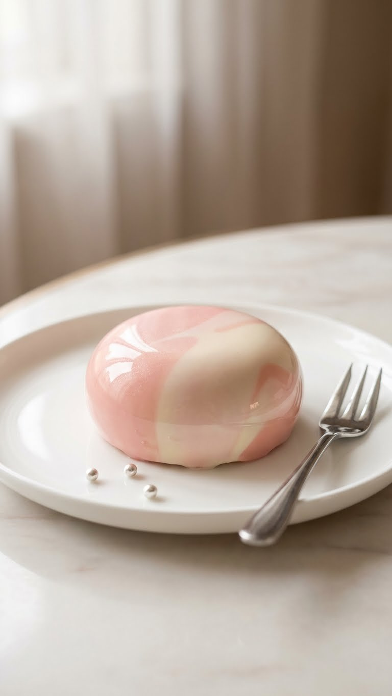 Hyperrealistic Mirror Glaze Mini Cake With A Vibrant Pink And White Swirl, Served On A White Plate With A Silver Fork On A Marble Countertop.