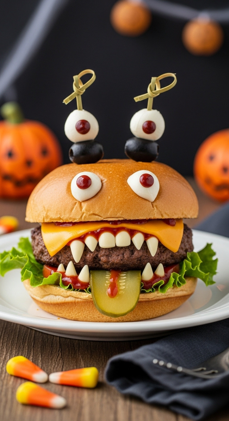 Hyperrealistic Monster Halloween Burger With Sharp Cheddar Teeth Pickle Tongue And Olive Mozzarella Eyes On A Rustic Table With Blurred Decorations