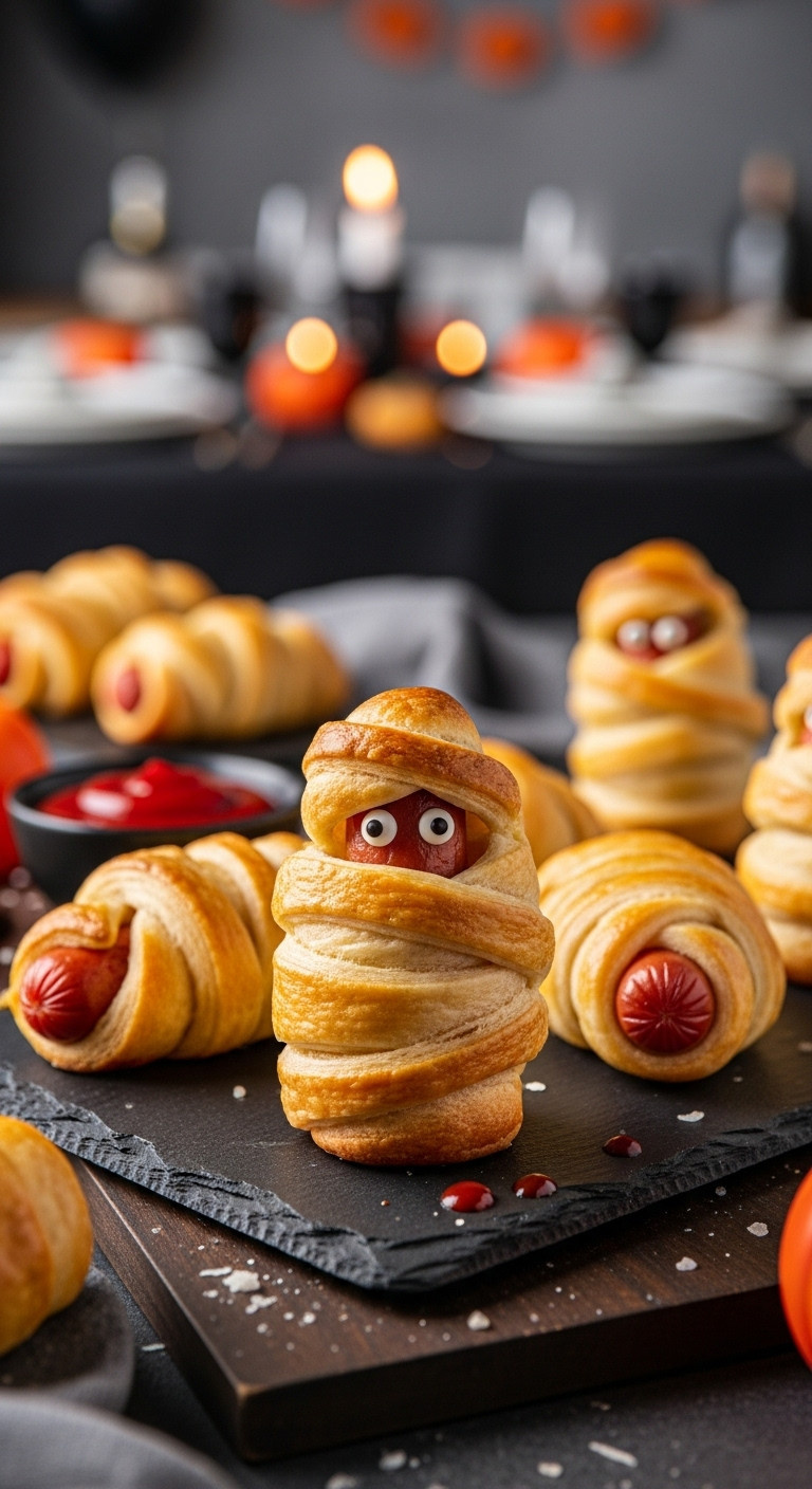 Hyperrealistic Mummy Dogs, Golden-Brown Crescent Rolls, Candy Eyes, Dark Slate Platter, Ketchup. Perfect Halloween Party Appetizer.