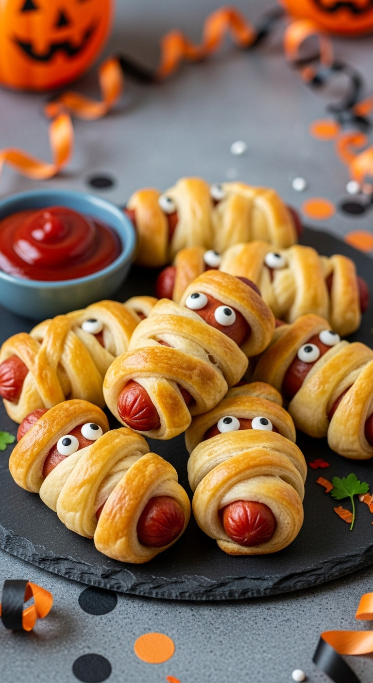 Hyperrealistic Mummy Dogs With Candy Eyes On Slate Platter For Halloween Party