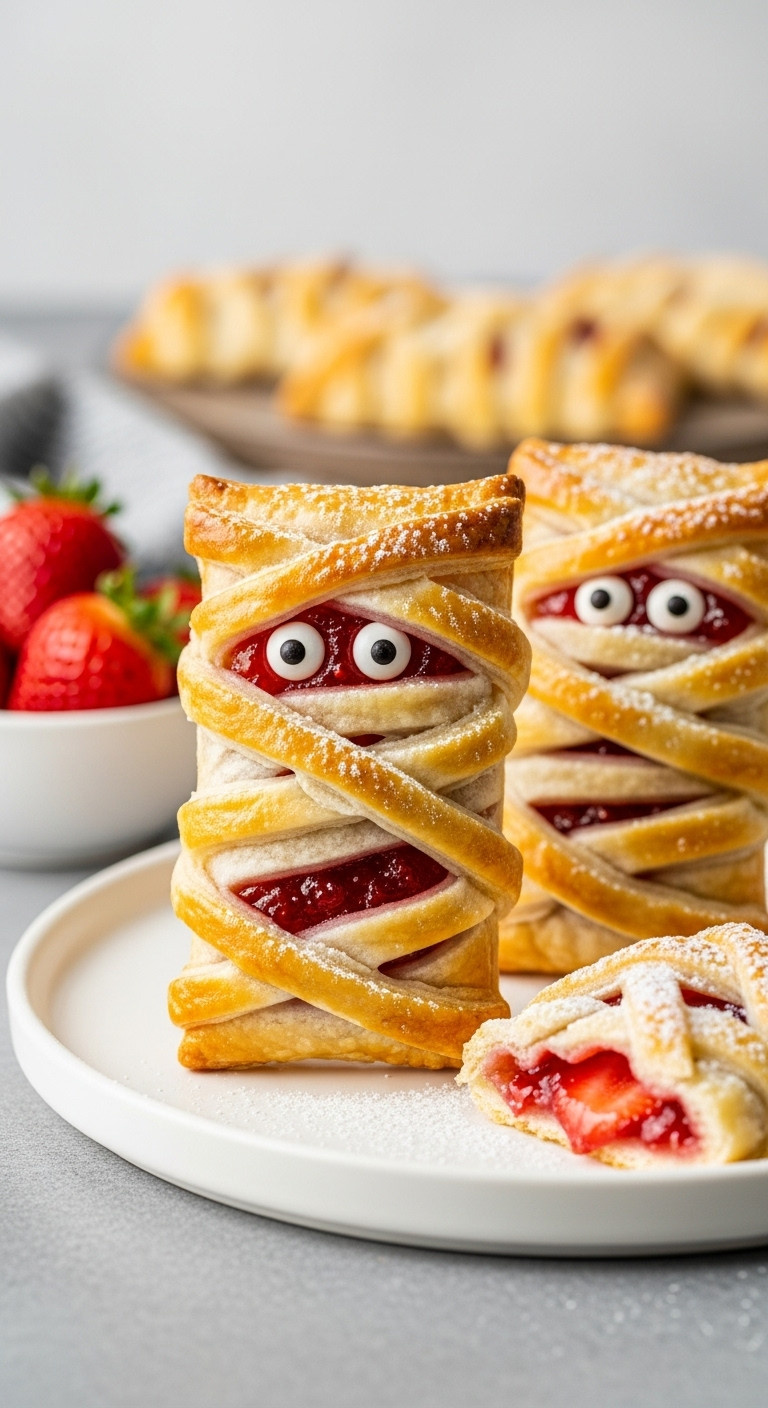 Hyperrealistic Mummy Hand Pies With Strawberry Jam And Candy Eyeballs On A White Ceramic Plate On A Stone Surface