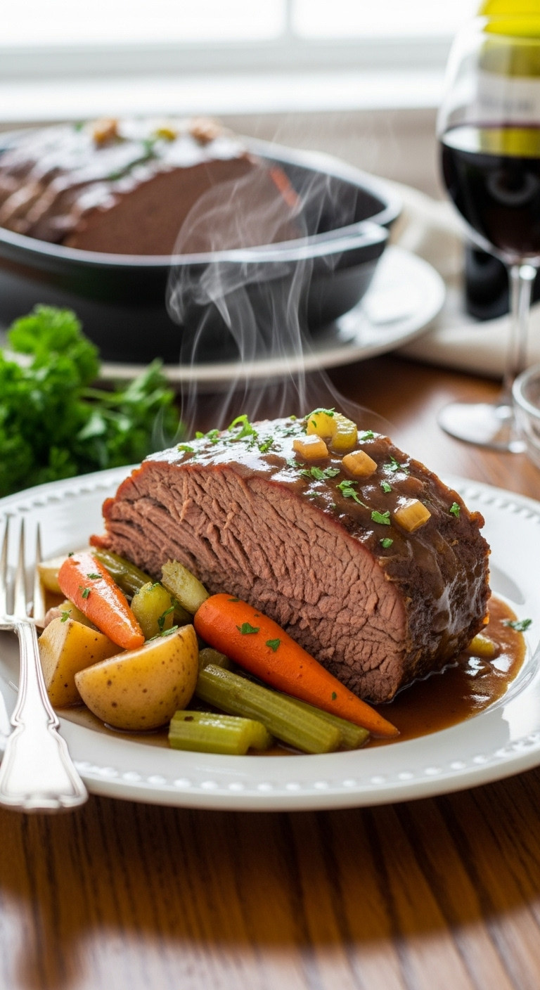 Hyperrealistic No-Fail Pot Roast With Carrots Potatoes And Gravy On A White Plate For Effortless Weeknight Meals