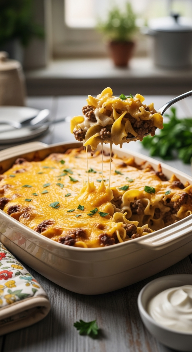 Hyperrealistic Old-Fashioned Hamburger Noodle Casserole With Melted Cheese Egg Noodles Ground Beef Sour Cream Parsley In Vintage Ceramic Dish
