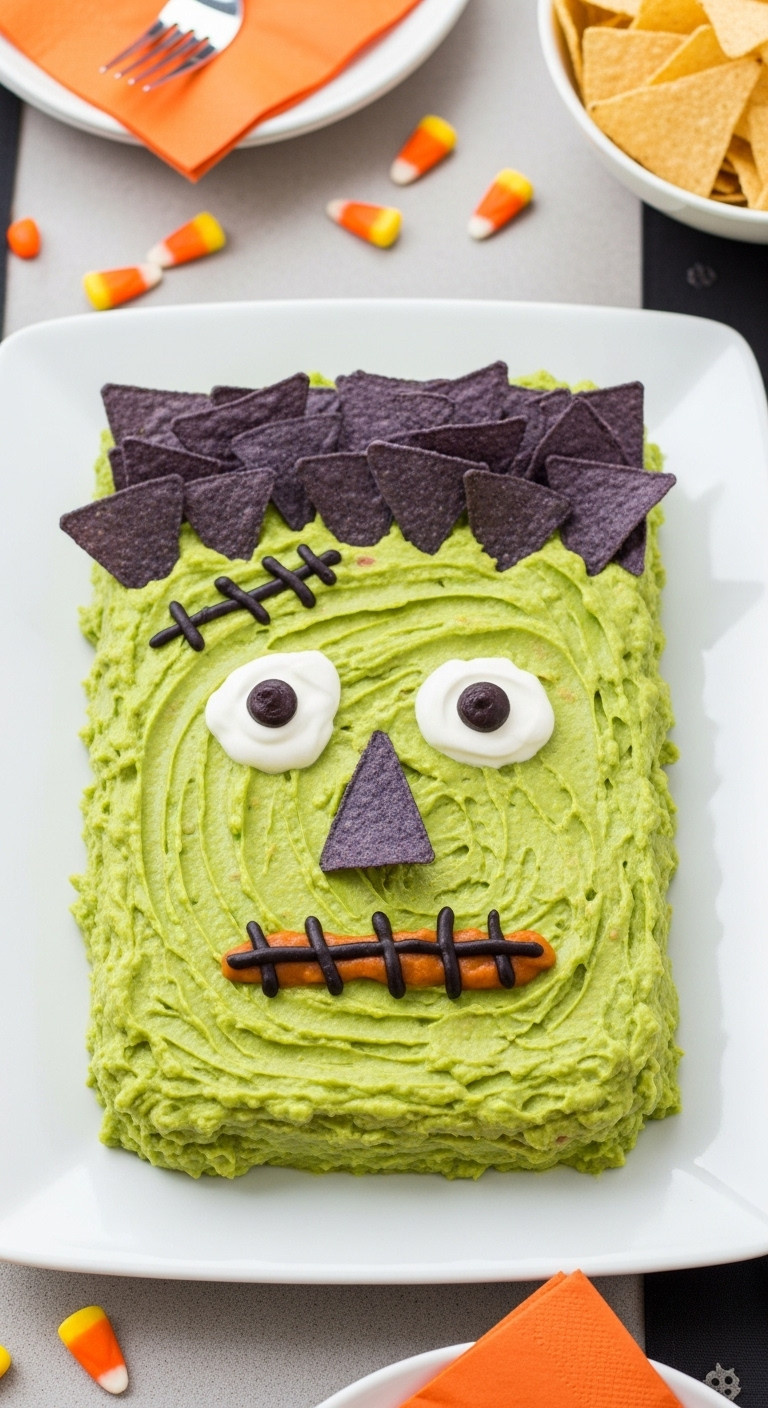 Hyperrealistic Photo Of Frankenguac On A White Platter With Blue Corn Chip Hair Sour Cream Eyes And Refried Bean Mouth