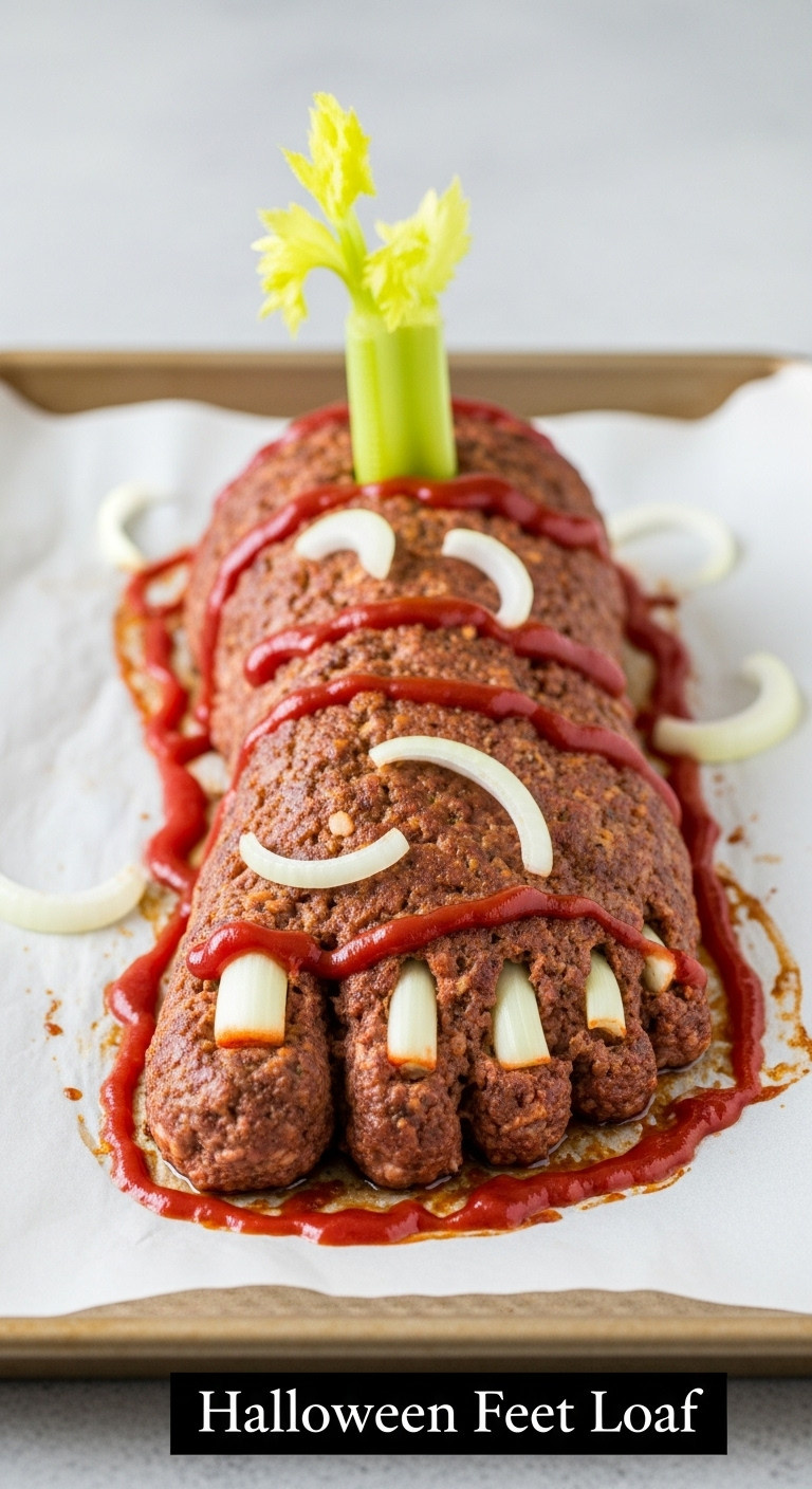 Hyperrealistic Photo Of Halloween Feet Loaf With Onion Toenails Celery Ankle Bone And Ketchup Blood On A Baking Sheet