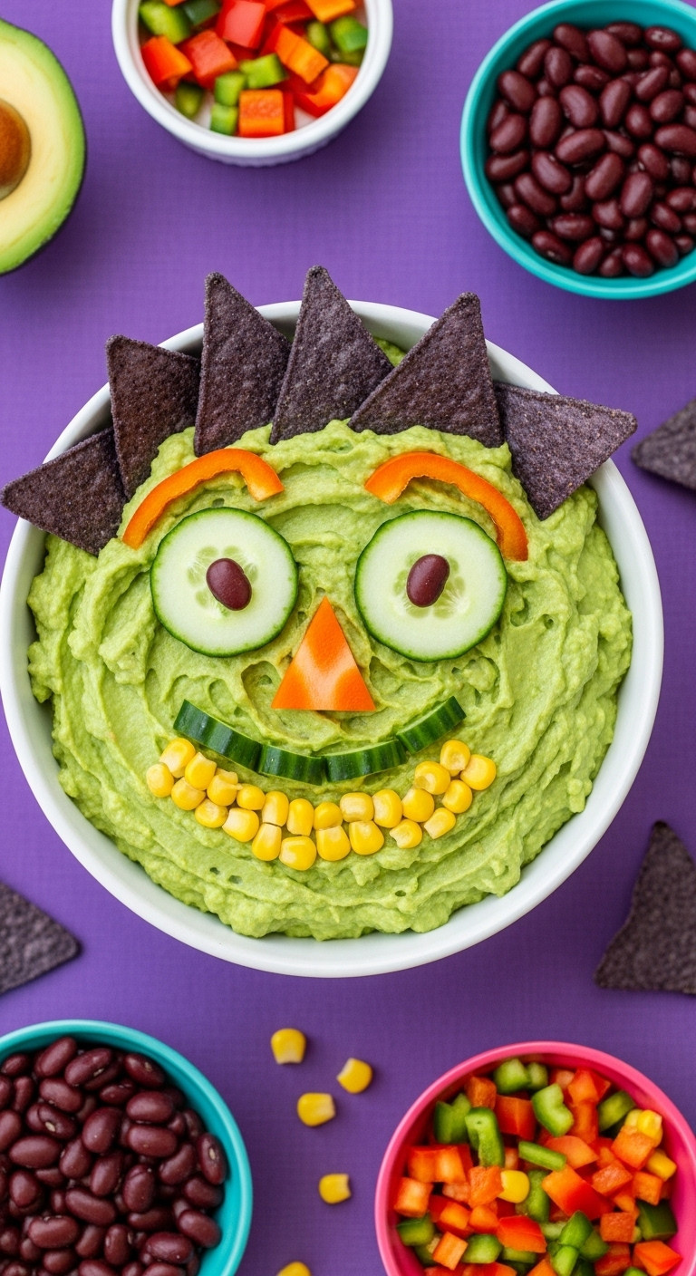 Hyperrealistic Photo Of Monster Mash Face Guacamole With Cucumber Eyes Bell Pepper Nose Corn Mouth And Blue Tortilla Chip Hair
