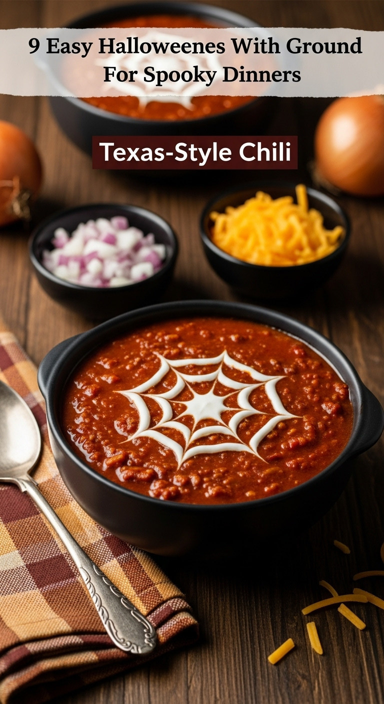 Hyperrealistic Photo Of Texas-Style Chili With A Sour Cream Spiderweb Garnish In A Black Bowl On A Dark Wood Table