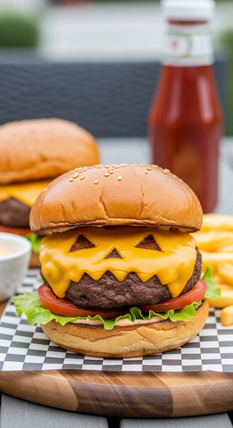 Hyperrealistic Photo Of A Halloween Jack-O'-Lantern Cheeseburger With A Carved Cheese Face On A Toasted Brioche Bun