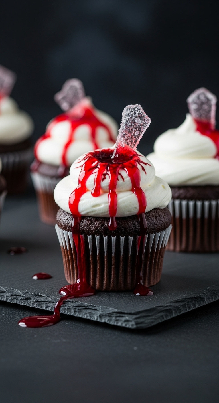 Hyperrealistic Photo Of A Chocolate Bloody Drip Cupcake With White Frosting And Edible Red Gel Dripping Down The Sides