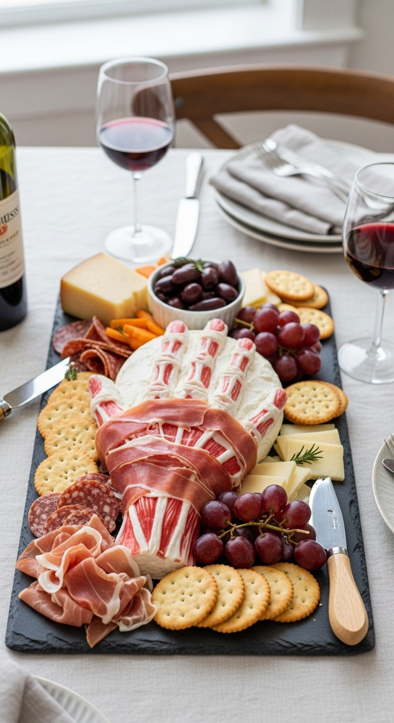 Hyperrealistic Photo Of A Flayed Hand Ham And Cheese Board With Prosciutto Skin And Assorted Crackers Olives Grapes