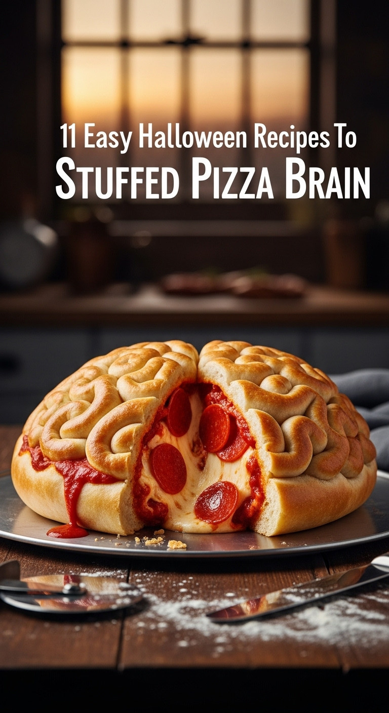 Hyperrealistic Photo Of A Golden-Brown Stuffed Pizza Brain With Cheesy Interior And Dripping Marinara On A Metal Baking Sheet
