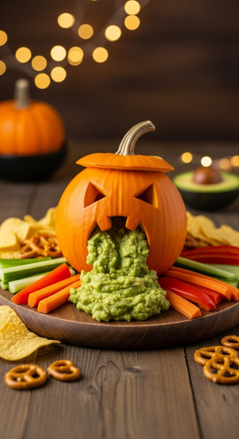Hyperrealistic Photo Of A Guacamole Puking Pumpkin With Dippers On A Rustic Wooden Serving Board For A Halloween Party