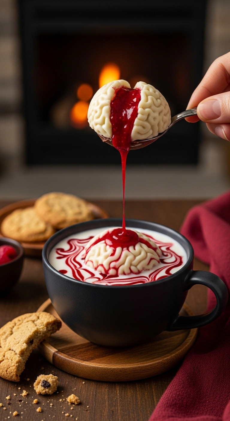 Hyperrealistic Photo Of An Oozing Raspberry Brain Bomb Cracked Open In A Mug Of Hot Milk With Red Sauce
