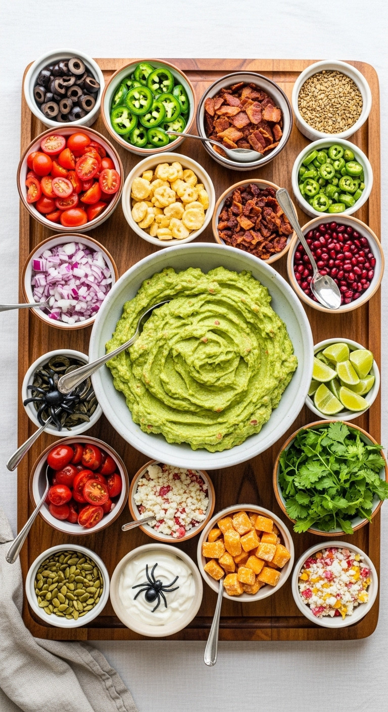 Hyperrealistic Photo Of An Ultimate Customizable Guacamole Bar With A Central Bowl Surrounded By Various Toppings And Spooky Elements