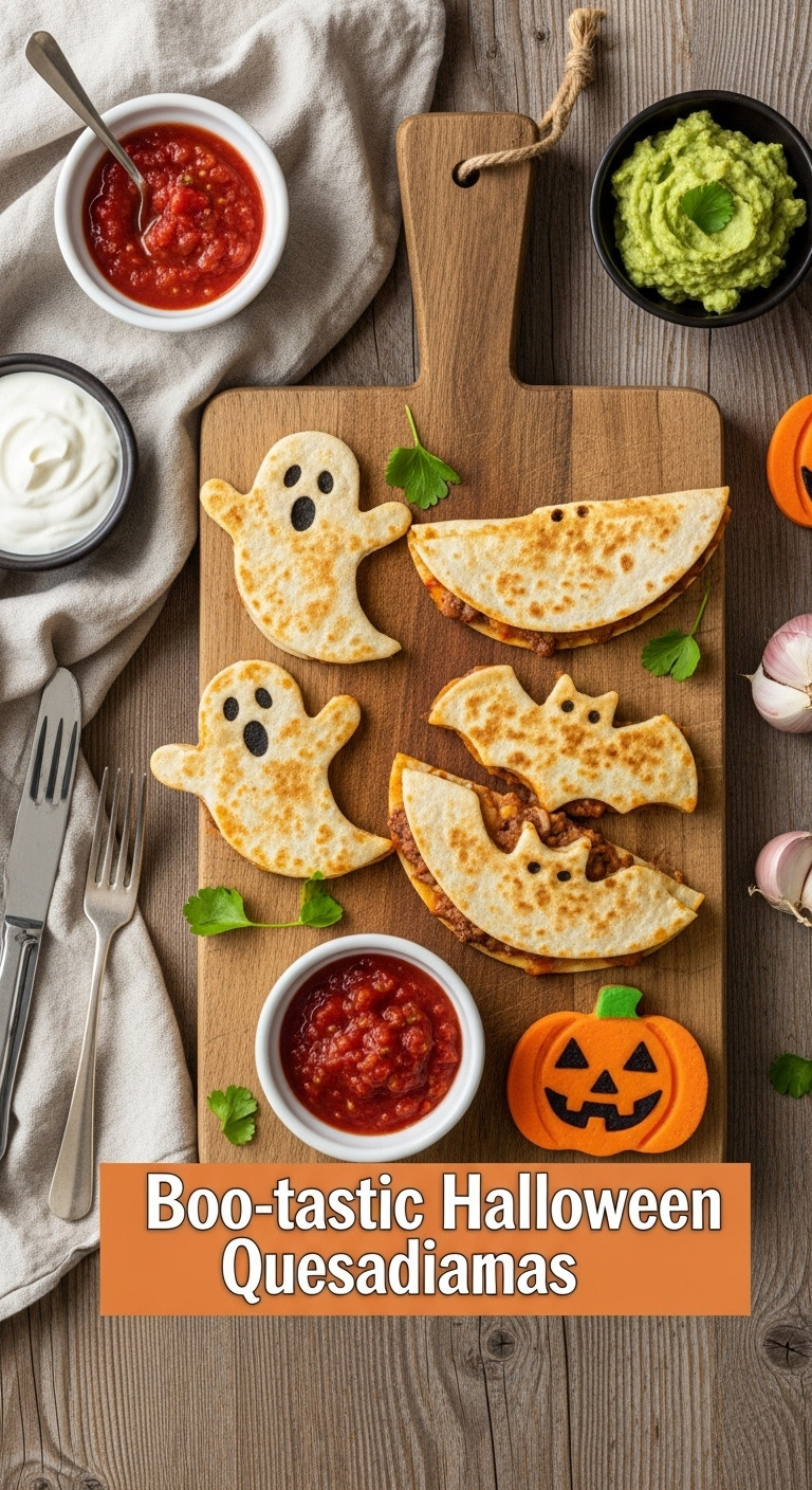 Hyperrealistic Photo Of Boo-Tastic Halloween Quesadillas Cut Into Ghost Bat And Pumpkin Shapes On A Wooden Board