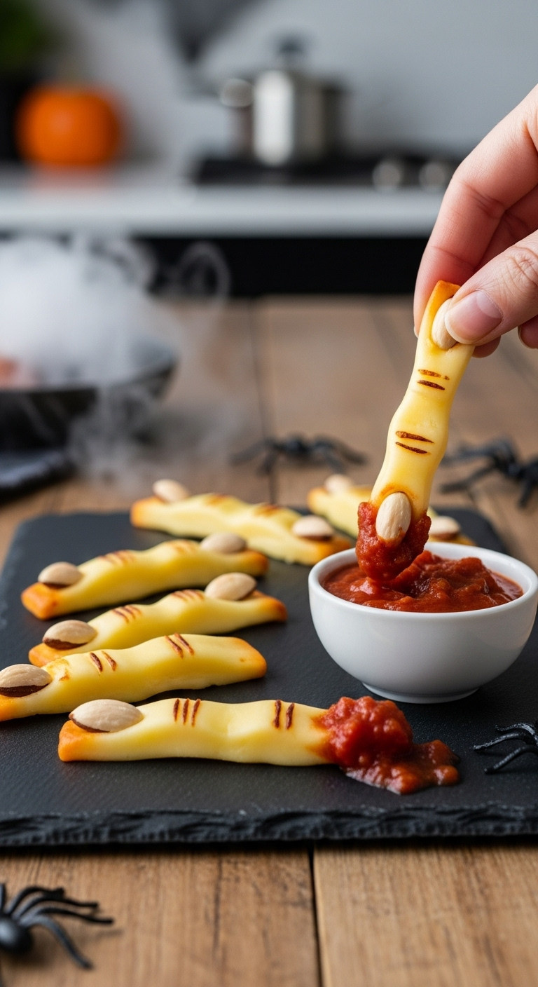 Hyperrealistic Photo Of Cheesy Severed Fingers With Almond Fingernails Dipped In Marinara Sauce On A Dark Board For A Gross Halloween Recipe