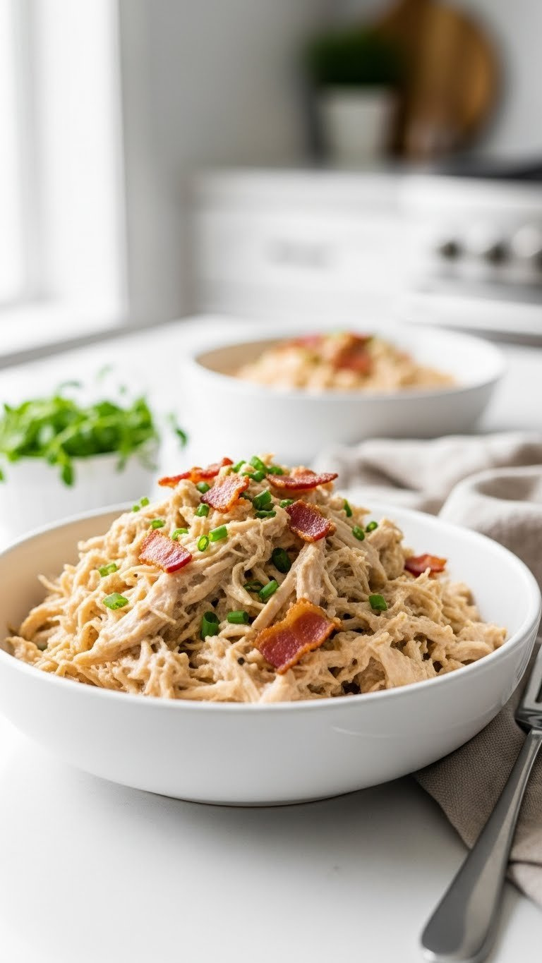 Hyperrealistic Photo Of Creamy, Shredded Keto Crack Chicken In A White Bowl, Garnished With Crisp Bacon And Chives On A Modern Kitchen Countertop.