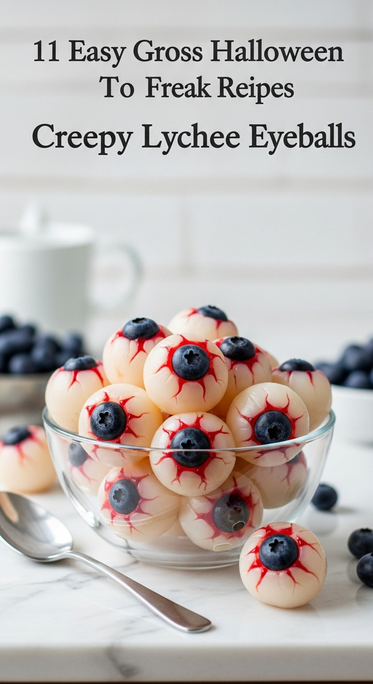 Hyperrealistic Photo Of Creepy Lychee Eyeballs With Blueberry Pupils And Raspberry Jam In A Glass Bowl For A Gross Halloween Recipe