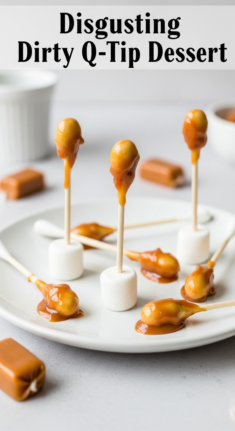 Hyperrealistic Photo Of Disgusting Dirty Q-Tip Desserts Made From Marshmallows And Melted Caramel On A White Ceramic Plate