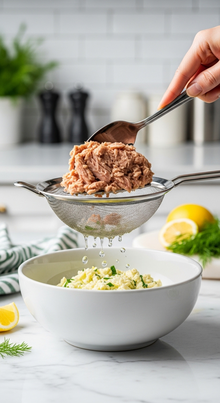 Hyperrealistic Photo Of Flaked Albacore Tuna Being Drained With A Spoon In A Fine-Mesh Strainer Over A White Bowl On A Marble Counter