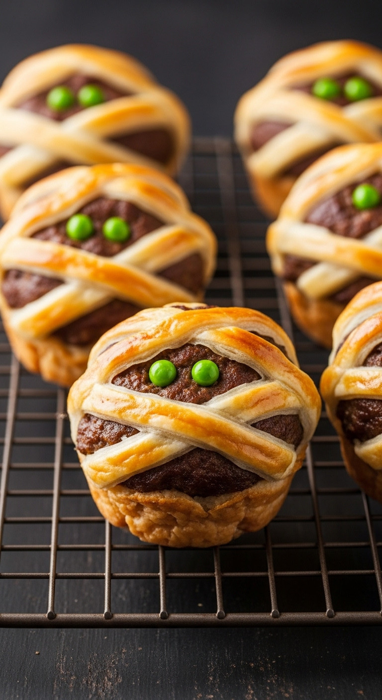 Hyperrealistic Photo Of Individual Mummy Meatloaves Wrapped In Puff Pastry With Green Pea Eyes On A Rustic Cooling Rack