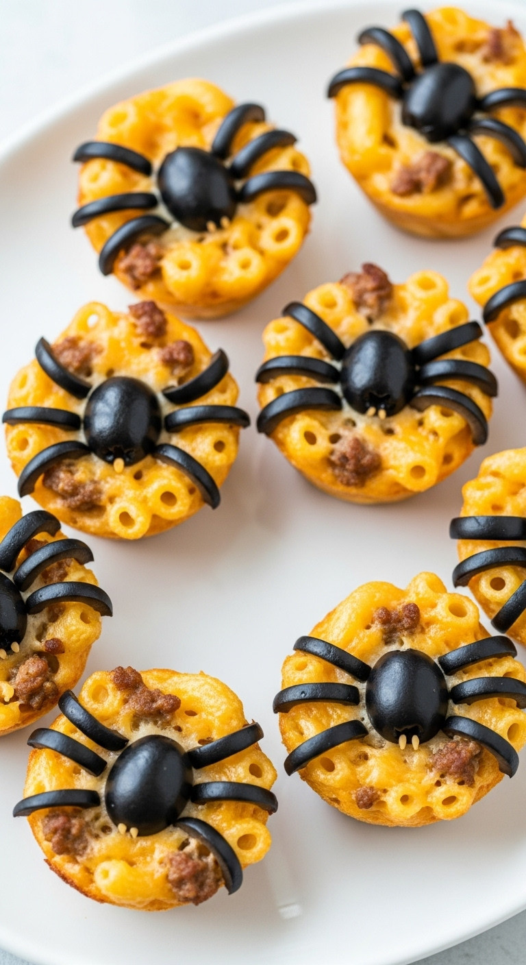 Hyperrealistic Photo Of Mac And Cheese Spider Bites With Ground Beef And Olive Spiders On A White Ceramic Platter