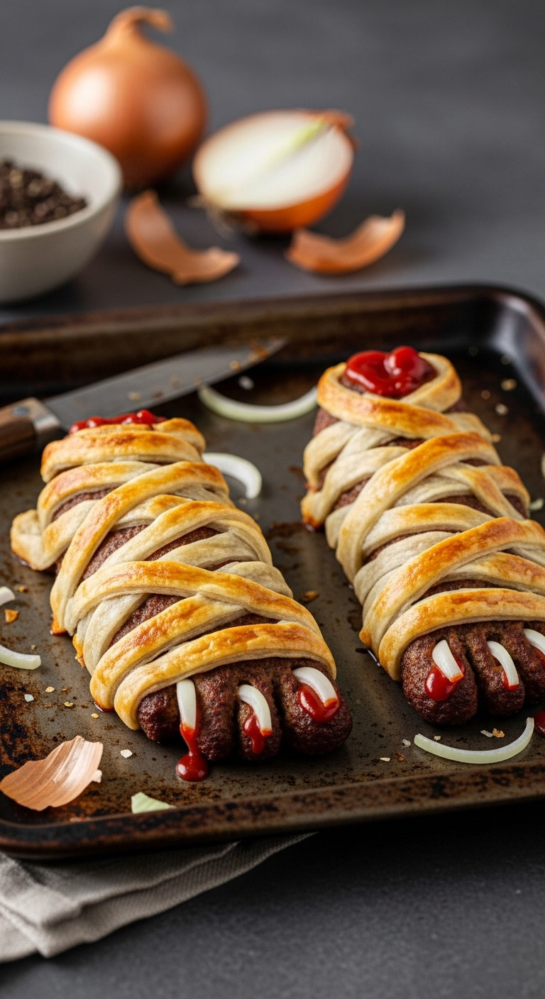 Hyperrealistic Photo Of Mummy Meatloaf Feet With Puff Pastry Bandages And Onion Toenails On A Dark Baking Sheet