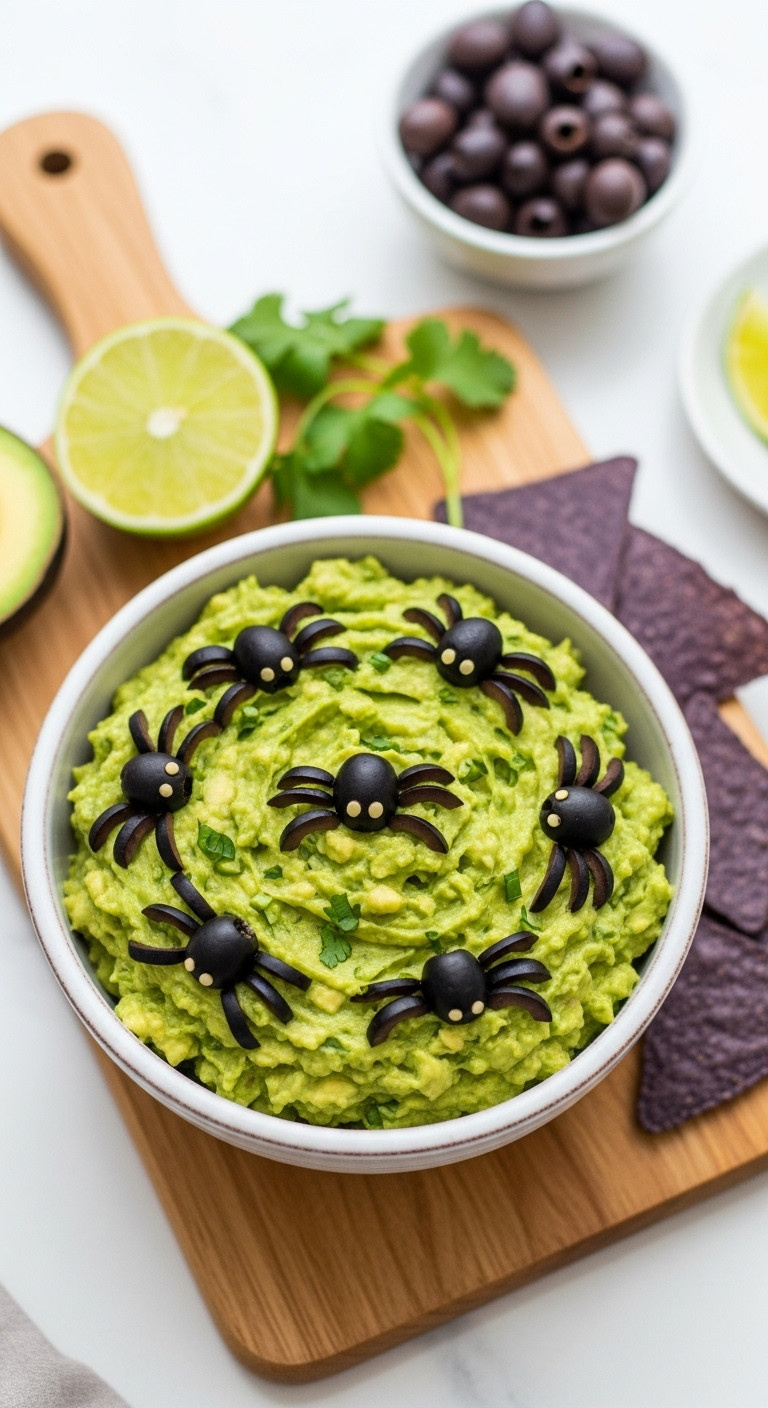 Hyperrealistic Photo Of Simple Black Olive Spider Guacamole In A White Bowl On A Light Wood Cutting Board