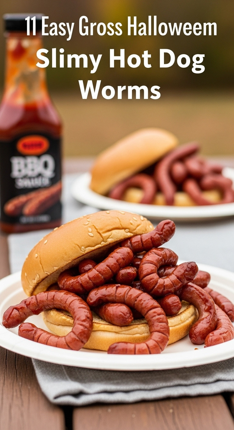 Hyperrealistic Photo Of Slimy Hot Dog Worms Coated In Bbq Sauce In A Hamburger Bun On A Paper Plate