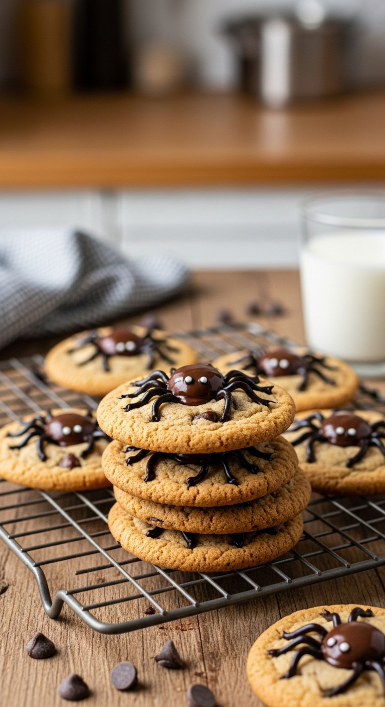 Hyperrealistic Photo Of Spider Infested Chocolate Chip Cookies On A Cooling Rack With Chocolate Blob Bodies And Icing Legs