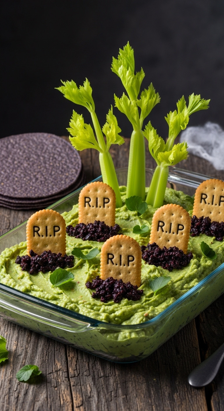 Hyperrealistic Photo Of Spooky Graveyard Guacamole With Cracker Tombstones Celery Trees And Olive Tapenade Dirt Mounds