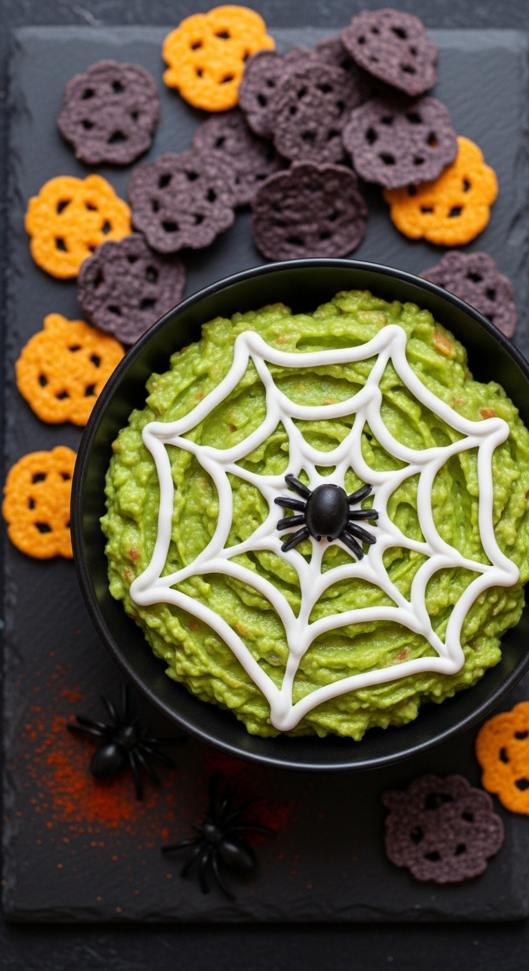 Hyperrealistic Photo Of Spooky Sour Cream Spiderweb Guacamole With A Black Olive Spider In A Dark Bowl On A Slate Board