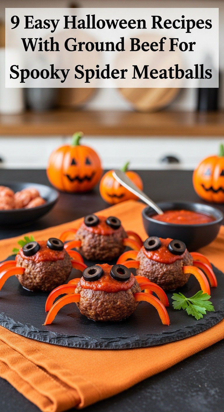 Hyperrealistic Photo Of Spooky Spider Meatballs With Black Olive Eyes And Bell Pepper Legs On An Orange And Black Platter