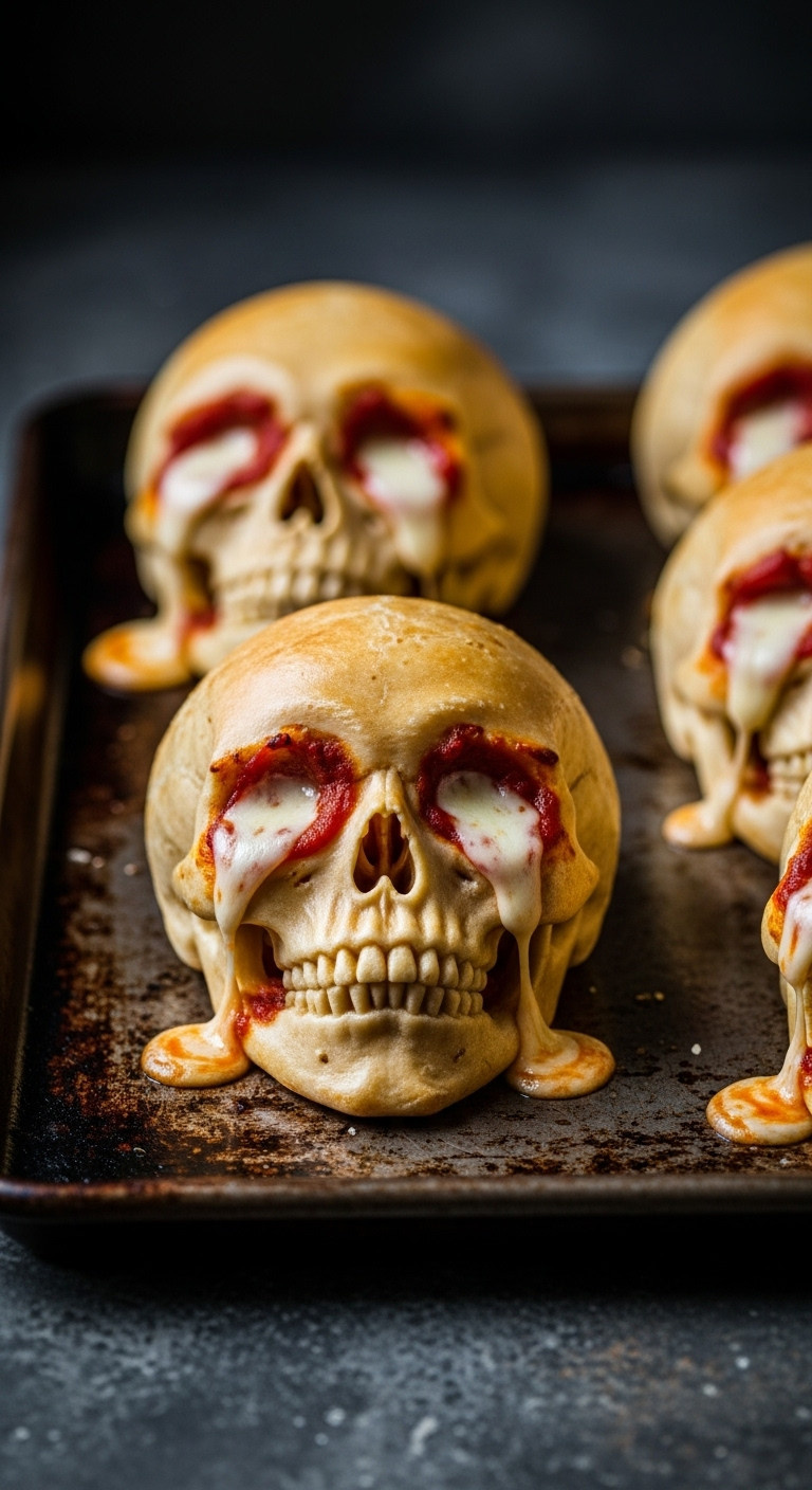 Hyperrealistic Photo Of Stuffed Pizza Skulls With Marinara And Melted Mozzarella Oozing From Eye Sockets On A Dark Metal Baking Sheet
